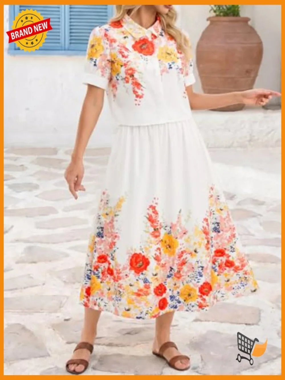 2 Piece Floral Skirt Set Puff Sleeve Blouse Elastic Waist Matching Vacation